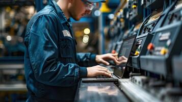 Professional Worker in Modern Factory Using Laptop to Monitor Industrial Machinery and Enhance Production Efficiency photo