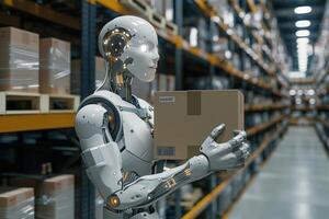 Futuristic Robot Holding a Box in a High-Tech Warehouse, Showcasing Advanced AI and Automation photo