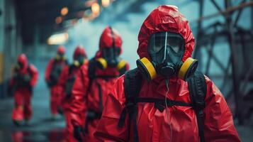 Team in Red Hazmat Suits and Respirators Preparing for Decontamination in Industrial Setting photo