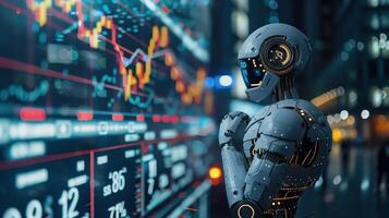 Futuristic Trading Robot Analyzing Cryptocurrency Markets with Digital Data Visualization in Modern Financial Setting photo