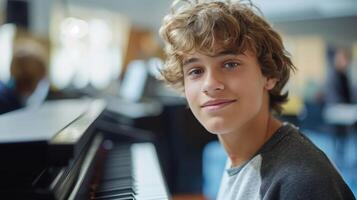 Portrait of Teenager Learning Keyboard in Music Class, Smiling and Engaged with Musical Instrument photo