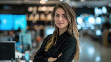 Confident Woman Sales Expert in a Modern Technology Store with Innovative Electronics Displayed photo