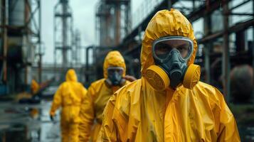 Team in Yellow Hazmat Suits and Respirators Preparing for Environmental Cleanup at Industrial Site photo