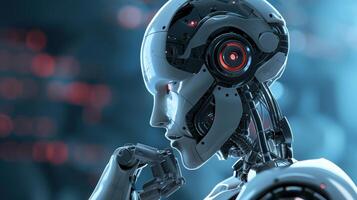 Futuristic Robot Design Featuring a Thoughtful Mechanical Assistant with Advanced Technology Background photo