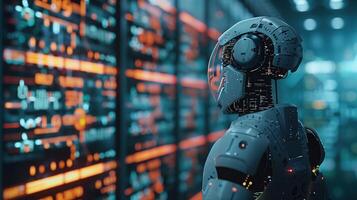 Futuristic Trading Robot Analyzing Cryptocurrency Data in a High-Tech Digital Environment photo