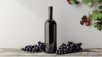 Elegant Rendered Bottle Of Wine With Grapes And Leaves On A Solid Background photo