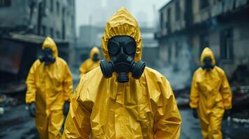 Team in Yellow Hazmat Suits and Respirators in Apocalyptic Urban Environment photo