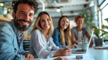 Smiling Group of Young Professionals Collaborating in a Modern Office Environment with a Focus on Teamwork and Creativity photo