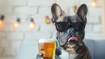 Portrait of a French Bulldog Wearing Sunglasses Enjoying a Beverage in a Stylish Setting photo