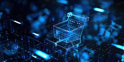 Futuristic Shopping Cart Icon in Digital Space with Blue Glow and Modern Technology Design photo