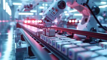 High-Tech Robot Working on a Conveyor Belt in a Modern Factory Setting with Automated Machinery photo