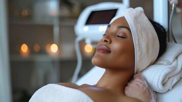 Relaxed Woman Enjoying Ultrasound Cavitation Treatment in a Modern Spa Setting for Skin Rejuvenation and Wellness photo