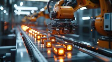 Industrial Robot Precisely Sorting Components on a Conveyor Belt in a Modern Factory Setting photo