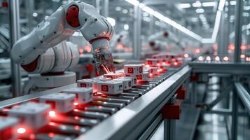 Robotic Arm Working on Conveyor Belt in Modern Industrial Automation Setting with Futuristic Technology photo