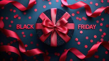 Elegant Black Friday Celebration with Red Ribbons and Confetti on Dark Background for Holiday Shopping photo
