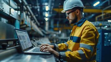 Industrial Engineer Working on Laptop in Modern Factory for Quality Control and Manufacturing Process Optimization photo