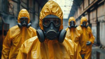 Team in Yellow Hazmat Suits and Respirators in Industrial Setting for Safety Inspection photo