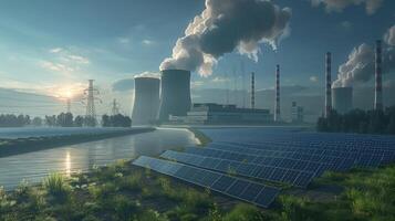Solar Power Plants In Foreground With Nuclear Power Plant In Background Under Cloudy Sky photo