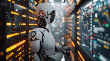 Futuristic Trading Robot Analyzing Cryptocurrency Market Data in a High-Tech Environment photo