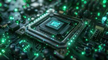 Hyperrealistic Image of a Modern Microchip Microprocessor With Green and Chrome Details photo
