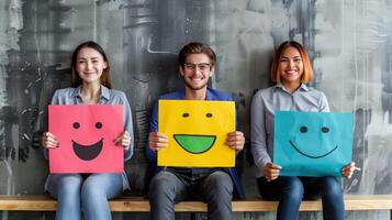 Group of Diverse Young Professionals Sitting on Bench Holding Smiley Face Signs Reflecting Positive Emotions and Team Unity photo