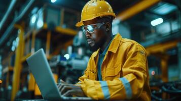 Professional Factory Worker Using Laptop at Modern Industrial Facility for Efficient Management and Operations photo