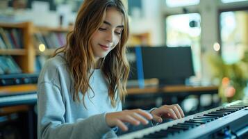 Portrait of Teenager Learning Keyboard in a Music Classroom Setting with Focused Expression photo