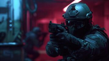 Ultra Realistic Tactical Shooter Scene Featuring Special Forces Soldier in Action photo