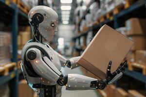 Futuristic Robot Holding a Box in a Warehouse Environment with Shelves and Technology photo