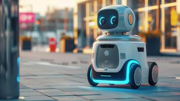 Futuristic Robot Assistant on City Street at Sunset Featuring Modern Technology and Innovation photo