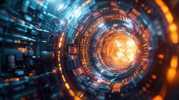 Futuristic Energy Facility Featuring Glowing Tunnel and Advanced Technology for Research and Innovation photo