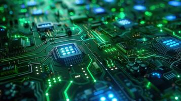Hyperrealistic Green and Chrome Microchip Surface Close-Up with Futuristic Technology Elements photo