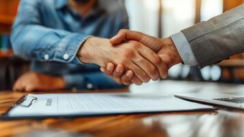 Business Agreement Handshake in HR Office with Contract Document and Laptop on Wooden Desk photo