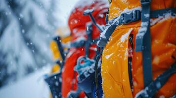 Colorful Snowkiting Equipment Featuring Orange and Red Backpacks on a Snowy Adventure photo