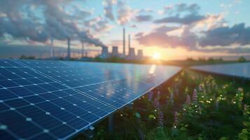Solar Panels and Nuclear Power Plant at Sunset Representing Energy Transition and Sustainable Future photo
