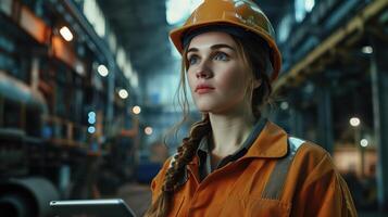 Confident Female Engineer in Orange Safety Gear Overseeing Industrial Operations in a Factory Environment photo