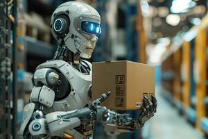 Futuristic Robot Holding a Box in Modern Warehouse Setting Showing Advanced Technology and Automation photo