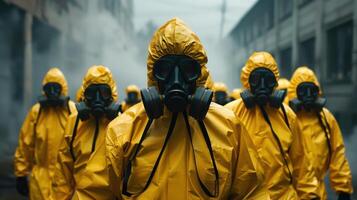 Team in Yellow Hazmat Suits and Respirators Preparing for Hazardous Situations in Urban Environment photo