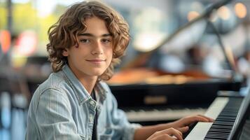 Portrait of Teenager Enthusiastically Learning to Play the Keyboard in a Music Studio Setting, Expressing Passion and Joy for Music Education and Artistic Development photo