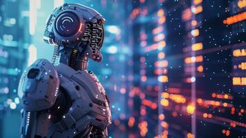 Futuristic Trading Robot Analyzing Cryptocurrency Data in a Digital Environment photo