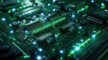 Detailed Hyperrealistic Image of Green and Chrome Microchip Circuit Board with Glowing Lights photo
