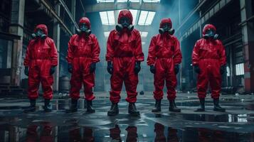 Team in Red Hazmat Suits and Respirators Preparing for Hazardous Work in Abandoned Industrial Warehouse photo
