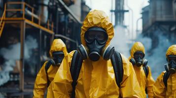 Team in Yellow Hazmat Suits with Respirators in Industrial Setting for Hazardous Material Handling photo