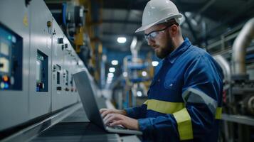 Professional Worker in Modern Factory Using Laptop for Equipment Monitoring and Data Analysis photo