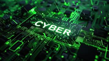 Ultra Realistic Digital Logo Featuring CYBER in Green on Circuit Board with Futuristic Technology Design photo