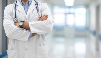 Confident Doctor Standing with Stethoscope in Hospital Corridor, Exemplifying Professional Healthcare and Medical Expertise photo