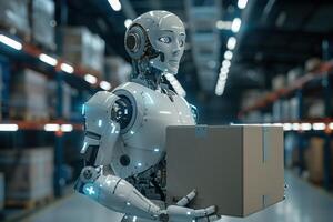 Robot Holding a Box in a Modern Warehouse Representing Advanced Automation and Future Technology photo