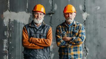 Two Experienced Construction Workers in Hard Hats Posing in Industrial Setting with Confident Expressions and Crossed Arms photo