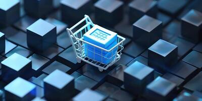 Shopping Icon Concept with Blue Icon in Cart Amid Abstract Geometric Background photo