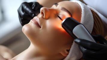 Woman Receiving Ultrasound Cavitation Treatment in a Spa Setting for Facial Rejuvenation and Skin Care photo